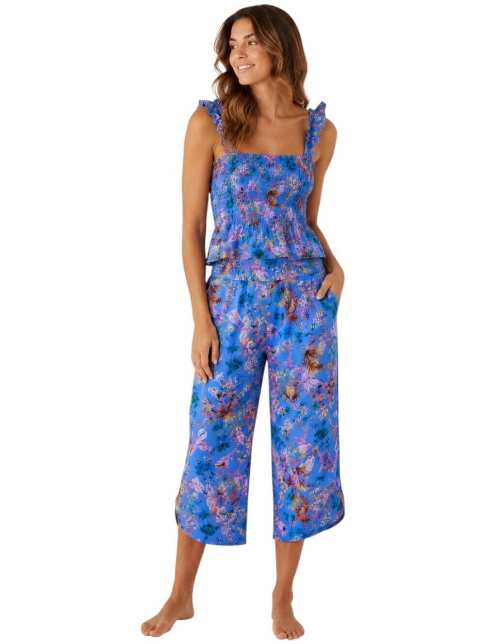 Soma Blue Floral Smocked Lounge Set Cropped Wide Leg Pants Women's M/L